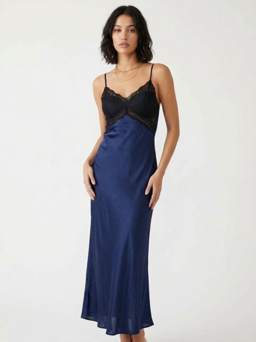 Abercrombie & Fitch NWT Satin Lace Cowl-Back Slip Maxi Dress Navy Blue | Size L